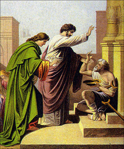  After the resurrection the apostles were sent out to preach and perform miracles of their own. The image shows Peter and John healing a lame man.