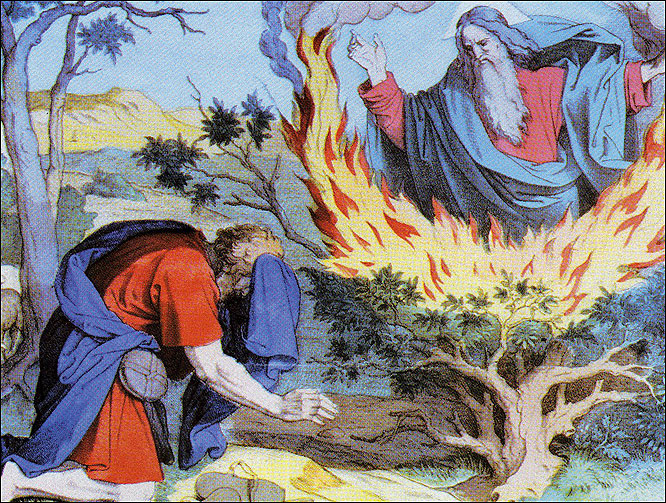  Moses hears the voice of the Lord from within the burning bush, telling him to return to Egypt and rescue the Hebrews from slavery