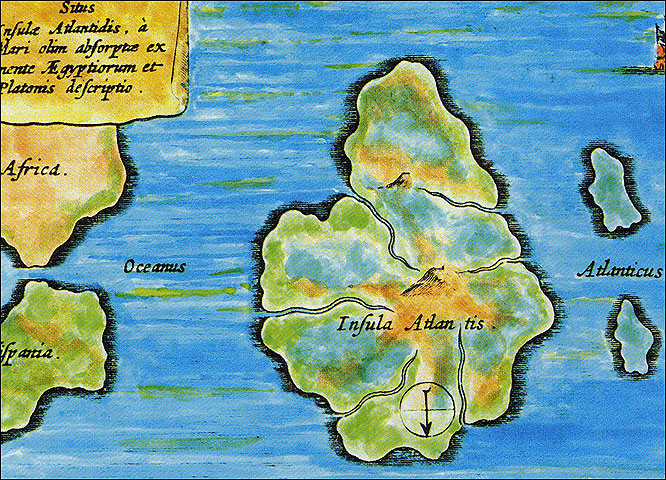  A map showing the position of Atlantis — in the Atlantic Ocean between Africa and America. The map comes from a book dated 1678 AD