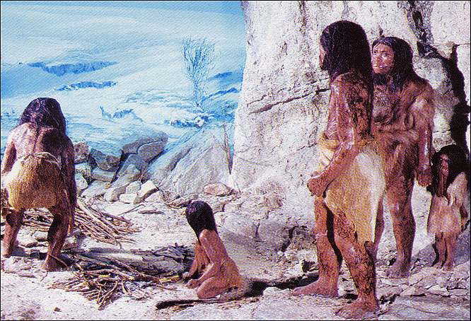  A cave-dwelling Neanderthal family watch out warily for aggressors. There is no evidence, though, that they were hunted by Homo Sapiens