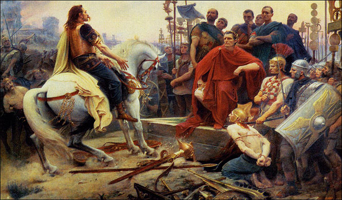  Caesar accepts surrender of Gallic tribal chief Vercingetorix, who in 52 led rebellion against Rome