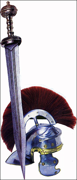  The so-called Spanish sword used by Roman troops, and an officer’s plumed helmet