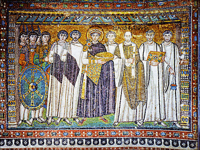  The Byzantine Emperor Justininan I came to power in the year 527. This mosaic on display in Italy shows him surrounded by clergy, soldiers and other officials