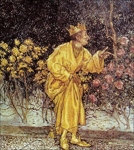  King Midas turns his roses into gold in a 19th century engraving. The Midas story is a classic Greek myth of how a man’s greed almost ruined his life