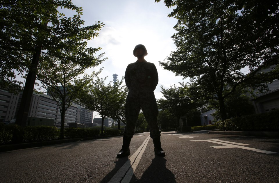  A Japan Self-Defense Force member stands by a PAC-3 Patriot missile unit deployed in case of a North Korean rocket launch