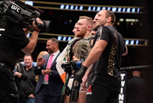 NEW YORK, NY - NOVEMBER 12: Conor McGregor of Ireland poses for a picture with his team after facing Eddie Alvarez in their UFC lightweight championship fight during the UFC 205 event at Madison Square Garden on November 12, 2016 in New York City. (Photo by Brandon Magnus/Zuffa LLC/Zuffa LLC via Getty Images)