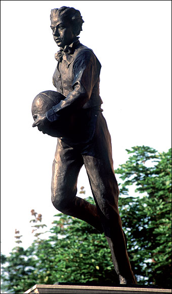  The statue of William Webb Ellis which looks out over the playing fields at Rugby School. Only after Webb Ellis died in 1872 was his story told when a former pupil wrote to the school magazine.