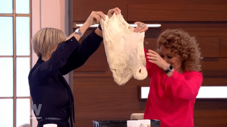  Jane and Nadia held up the dough to show the audience how much lose skin that had been removed