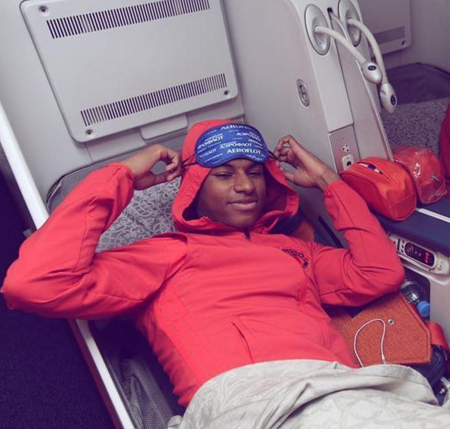  Marcus Rashford prepares to get some sleep ahead of the Fenerbahce game