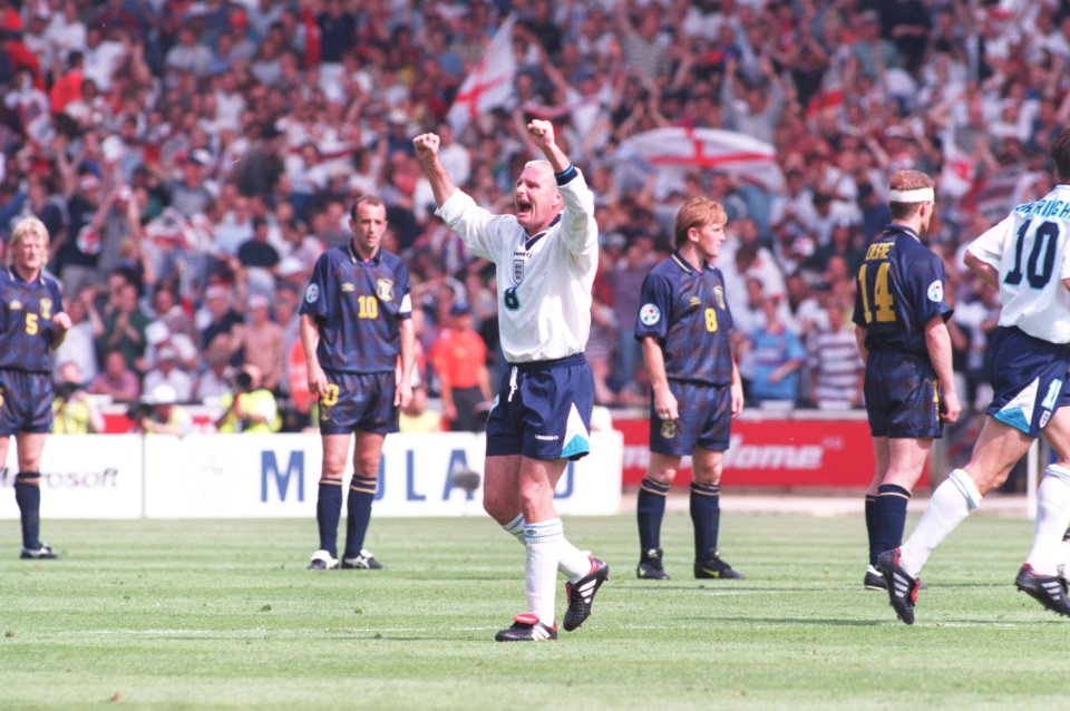  Gazza celebrates during the Scotland triumph at Euro 1996, arguably his finest ever moment when his breathtaking flick and volley goal clinched the victory