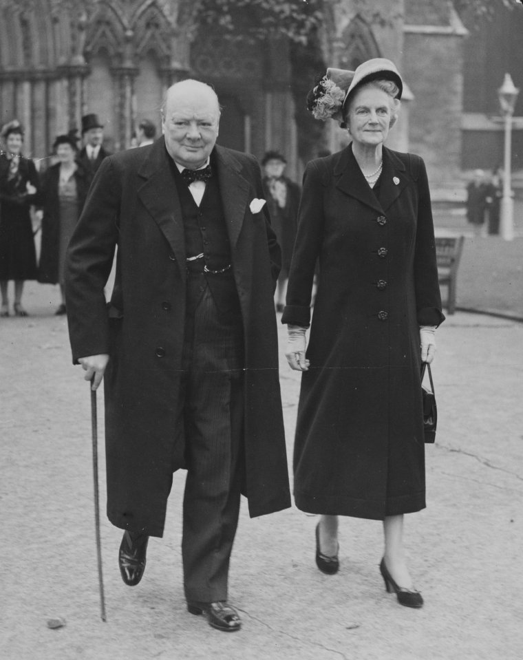 Mr and Mrs Churchill at the wedding of Lady Margaret Egerton and Mr John Colville at St Margarets Westminster