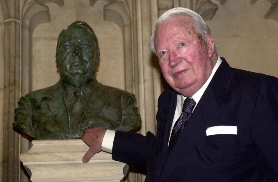  Former British Prime Minister Sir Edward Heath stands by a bust of himself after it was unveiled at the House of Commons in London on Monday, May 12, 2003