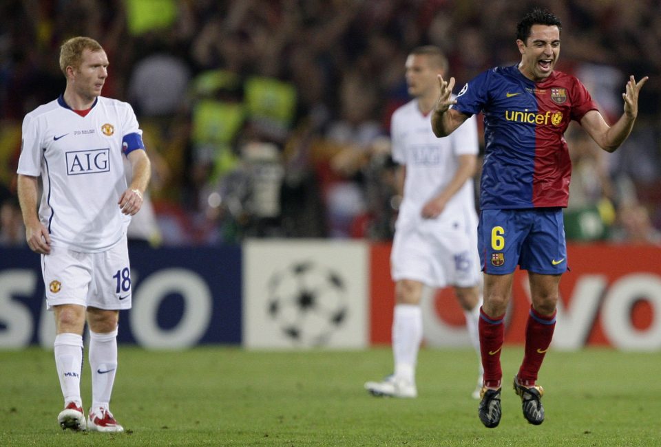  Xavi celebrates winning 2009 Champions League final against Manchester United