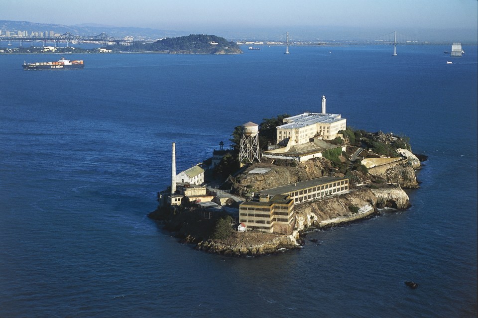 Aerial view of Alcatraz Island with The Rock, maximum security federal penitentiary from 1934 to 1963 - San Francisco Bay, California, United States of America