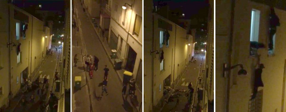 Mobile phone footage taken outside the Bataclan showed people fleeing the building