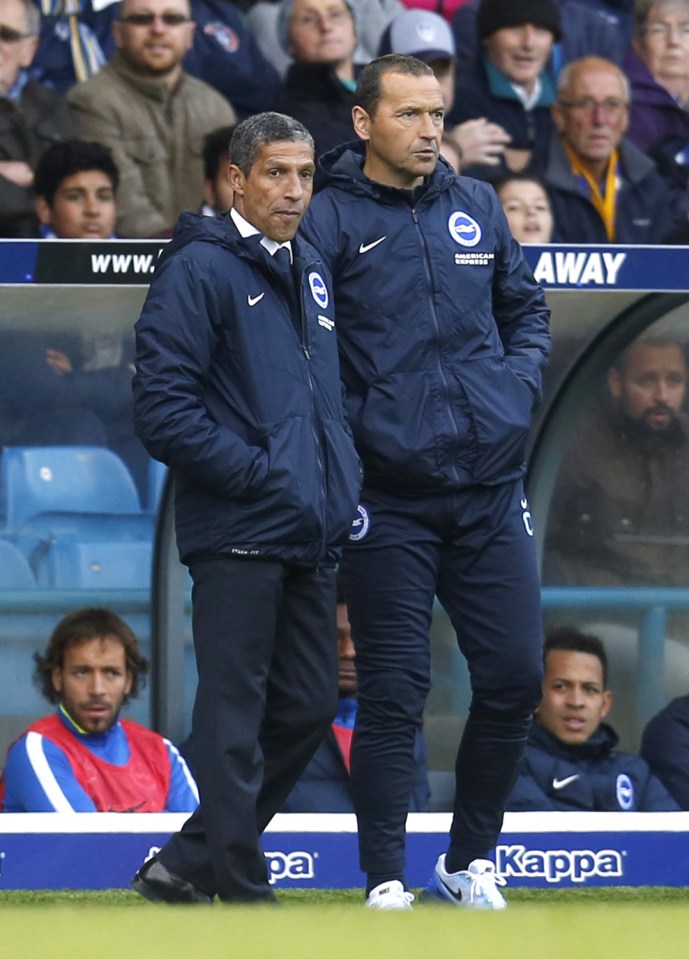  |Assistant Calderwood (r) is sensationally leaving Chris Hughton and Brighton for Aston Villa