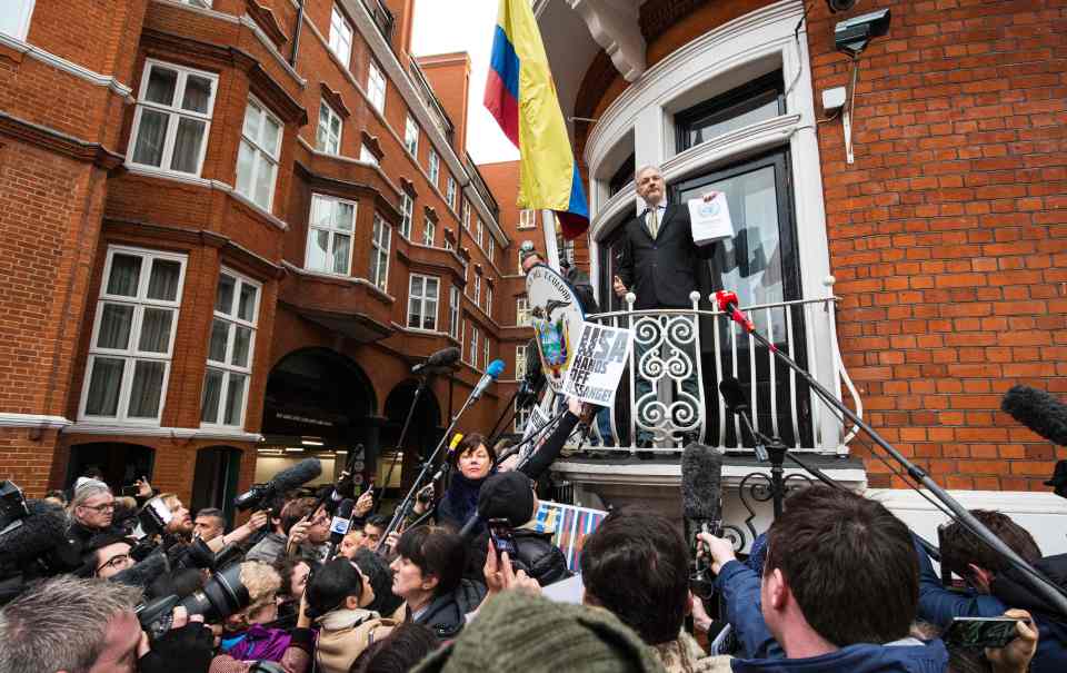  Assange addressing media and supporters from the balcony of Ecuador's embassy in February 2016