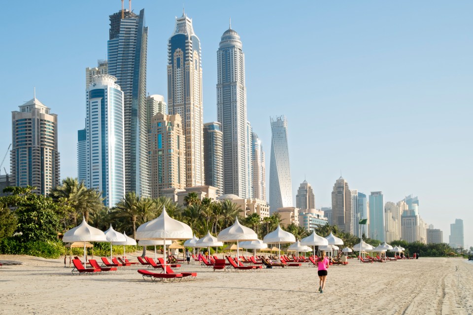 Dubai Skyline and Beach at The One and Only Mirage Hotel in Dubai United Arab Emirates