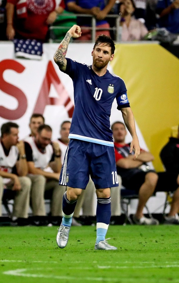 Jun 21, 2016; Houston, TX, USA; Argentina midfielder Lionel Messi (10) celebrates after scoring during the first half against the United States in the semifinals of the 2016 Copa America Centenario soccer tournament at NRG Stadium. Mandatory Credit: Kevin Jairaj-USA TODAY Sports