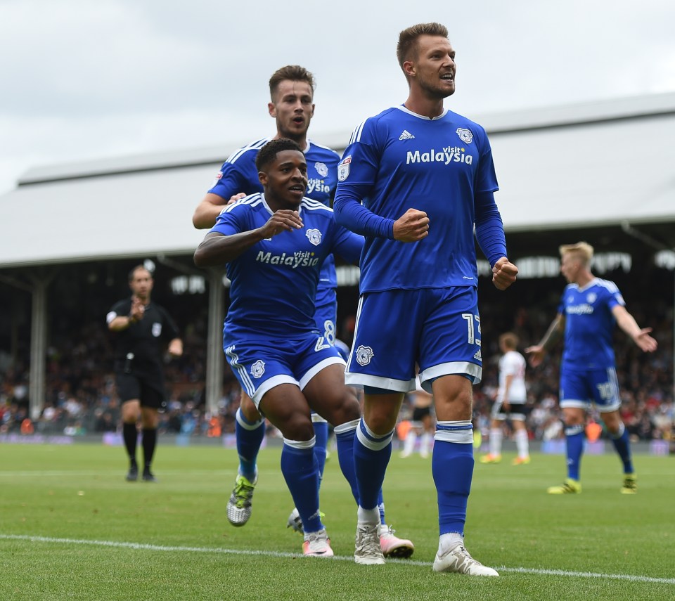  Anthony Pilkington celebrates scoring for Cardiff City against Fulham