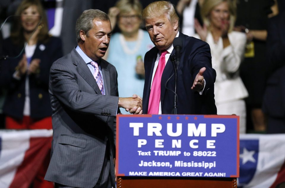  Donald Trump rubs shoulders as Nigel Farage as the Brit exports his far-right style of politics