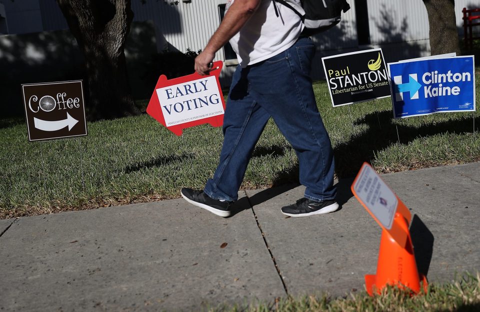 An early voting sign points voters to the polling station in St. Petersburg, Florida