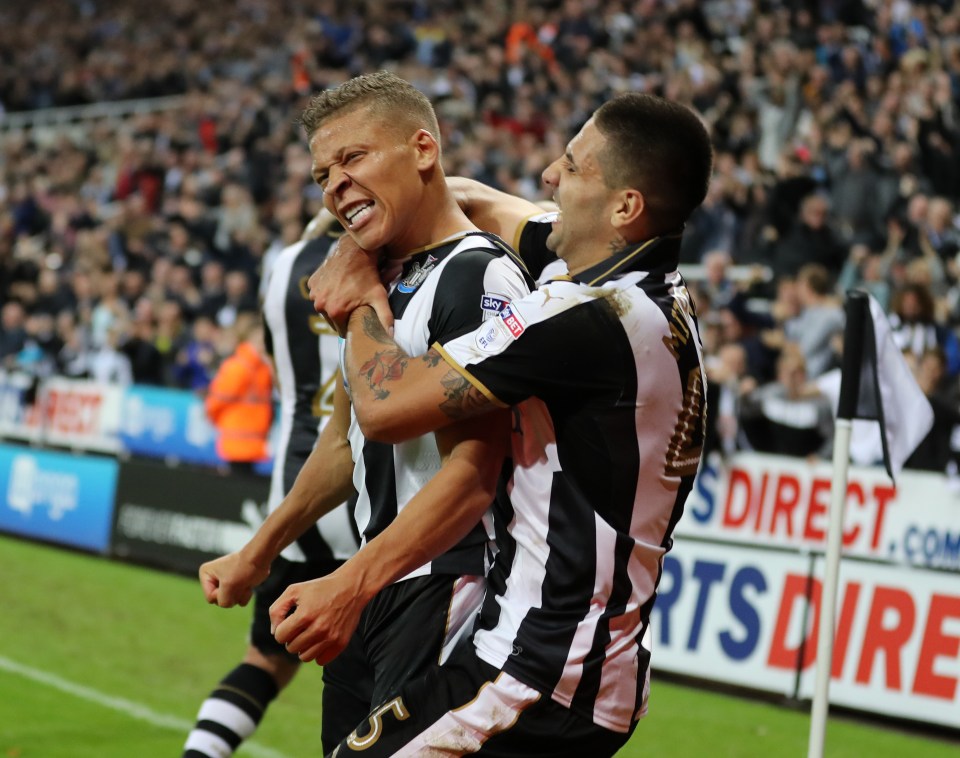  Newcastle United's Dwight Gayle (left) celebrates with Aleksandar Mitrovic after scoring his side's fourth goal of the game