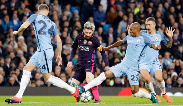 Lionel Messi faces two City players as Barcelona falter after leading and finally lose 3-1