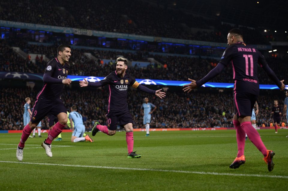  Lionel Messi celebrates his opener at the Etihad