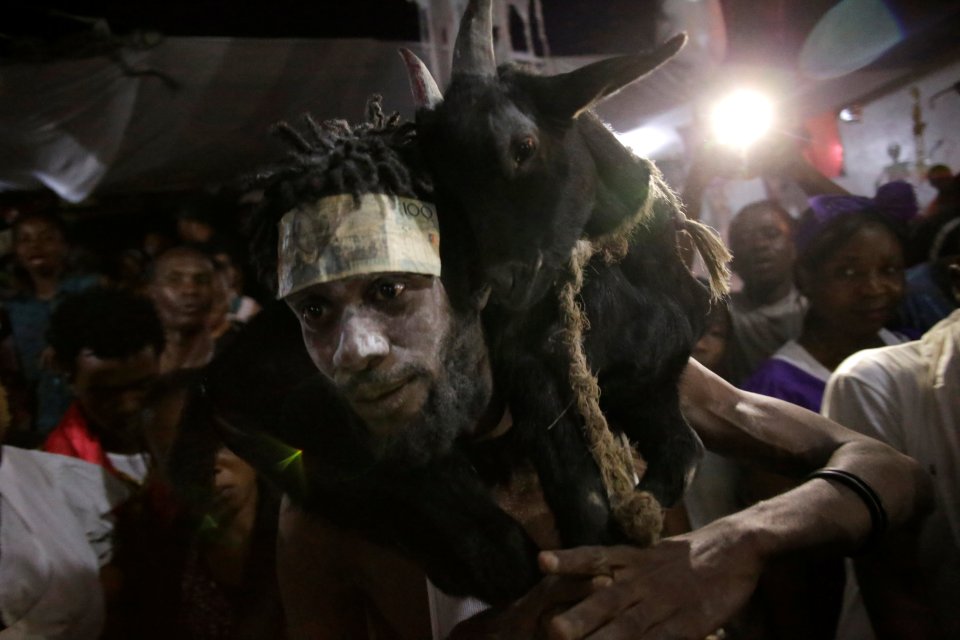  A voodoo follower carries a dead goat during a ceremony as believers making sacrifices and offerings to spirits