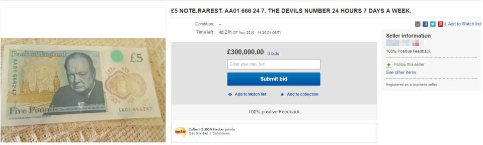  The seller is hoping to get £300,000 for this £5 note emblazoned with '666'