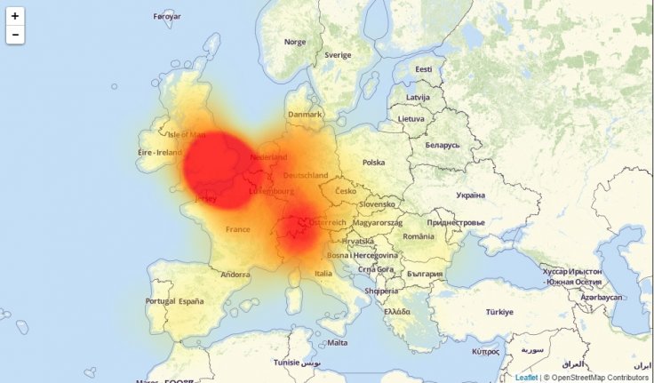  A map shows the outages seem to be mostly affecting Western Europe