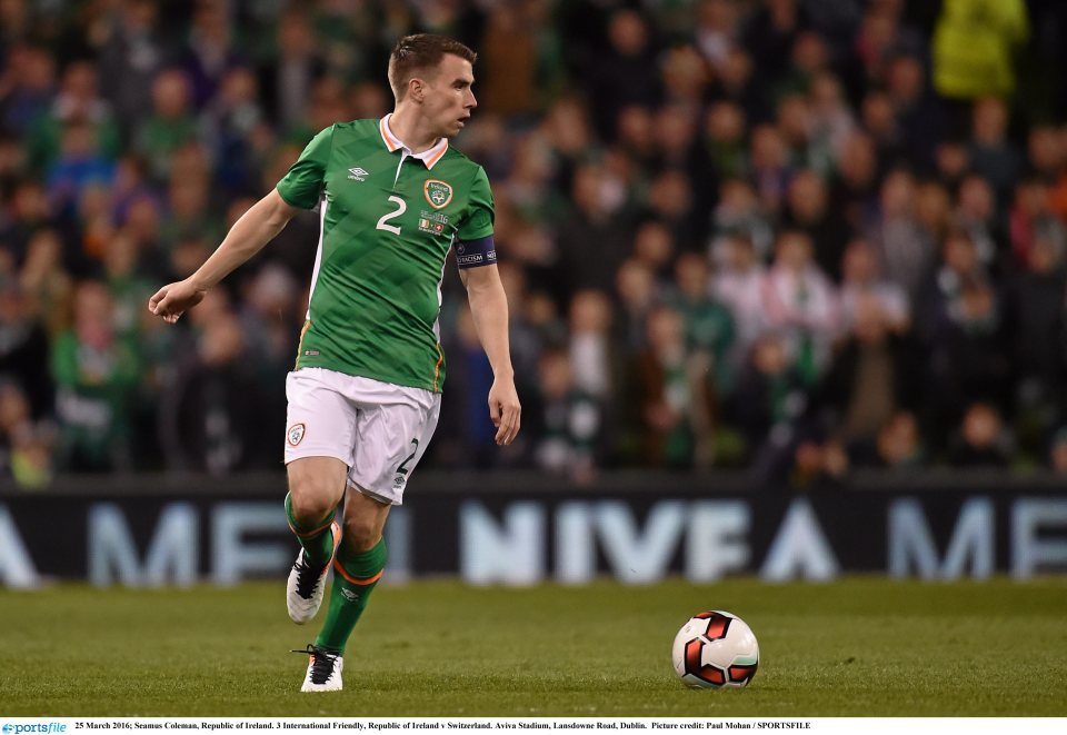  Seamus Coleman wearing the shirt that Fifa now want to punish Ireland for wearing