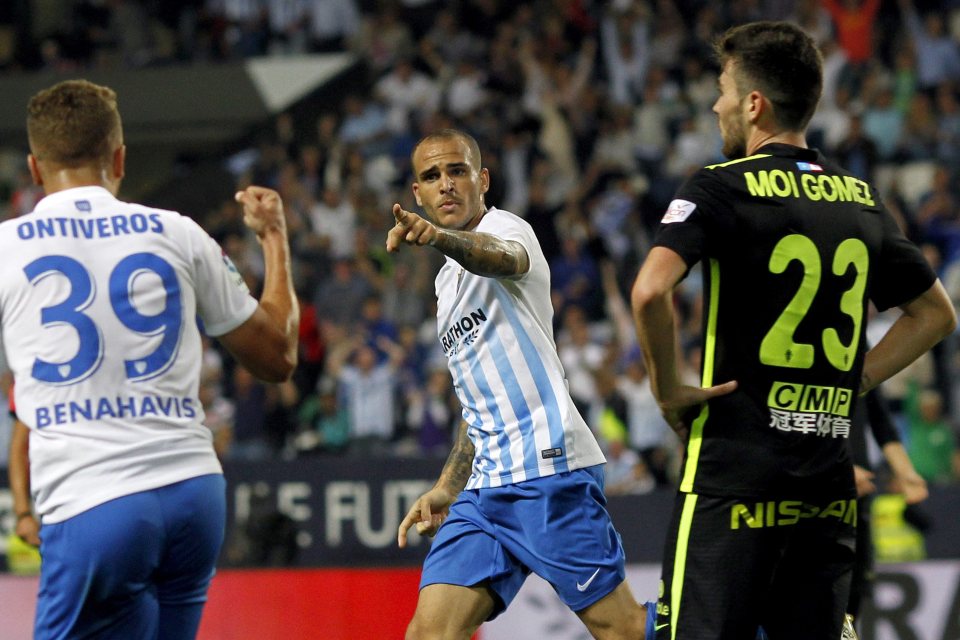  Sandro Ramirez celebrates during Malaga's 3-2 win over Sporting Gijon