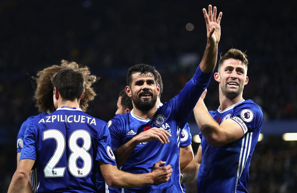  Chelsea celebrate Diego Costa's goal against Everton