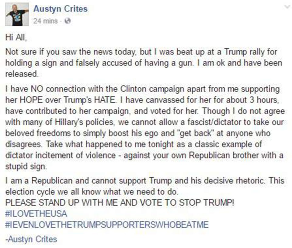  Austyn Crites posted this message to Facebook after the rally