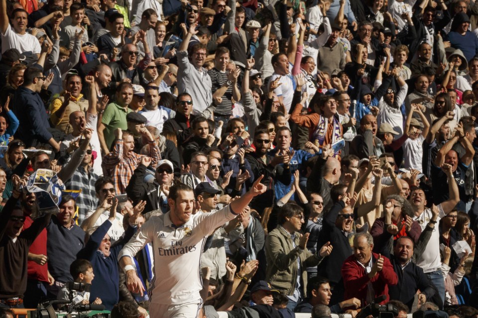  Gareth Bale celebrates his matchwinning double in front of Real Madrid fans