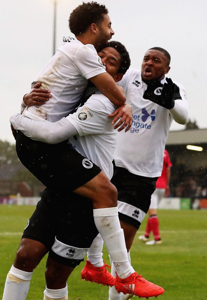  Boreham Wood's Angelo Balamta is mobbed after scoring against Notts County. If Wood can win the replay they have a home date with Peterborough