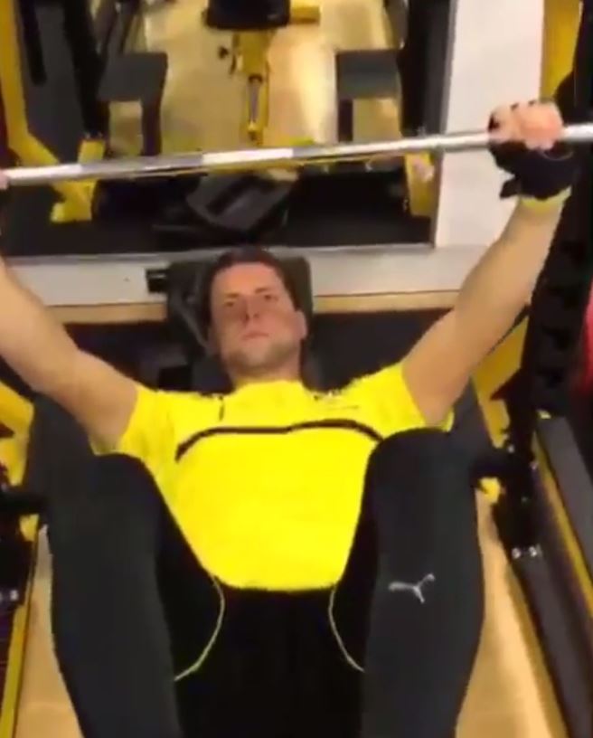  Goalkeeper Roman Weidenfeller is caught on the bench press during the Mannequin Challenge