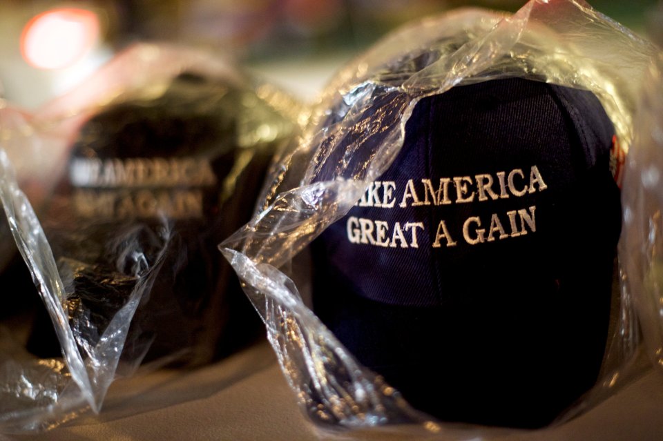  Donald Trump-themed hats are sold by vendors outside a rally in Moon, Pennsylvania