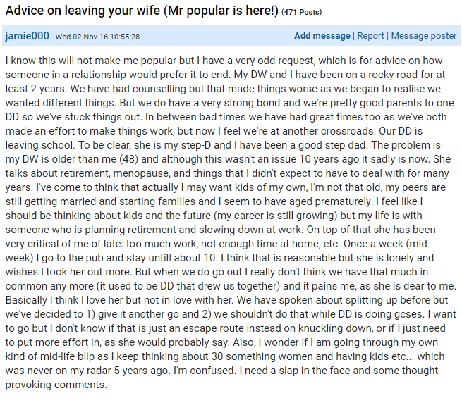  User Jamie000 enraged some Mumsnet users when he said that he wants to leave his older wife