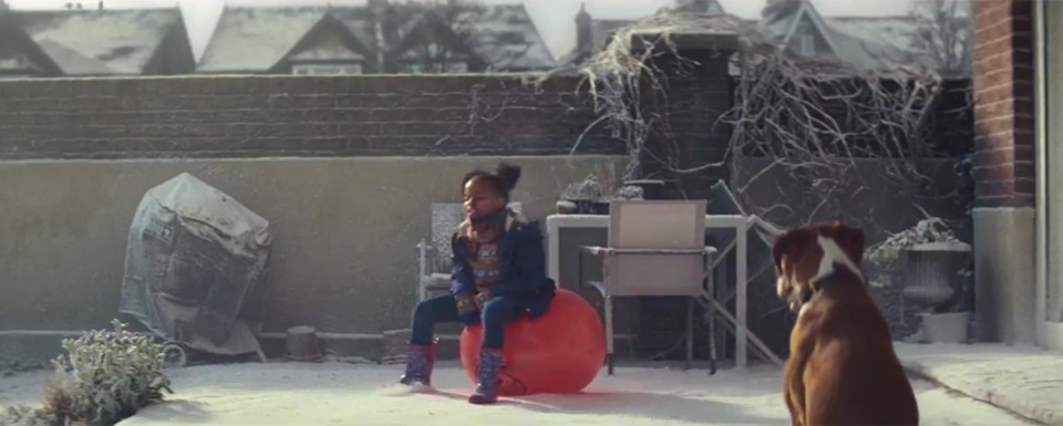 The video clip shows a dog watching a girl bounce around on a red space hopper