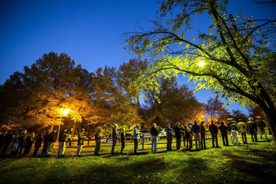  Virginia residents wait in line in the pre-dawn hours to vote in the the 2016 US presidential election