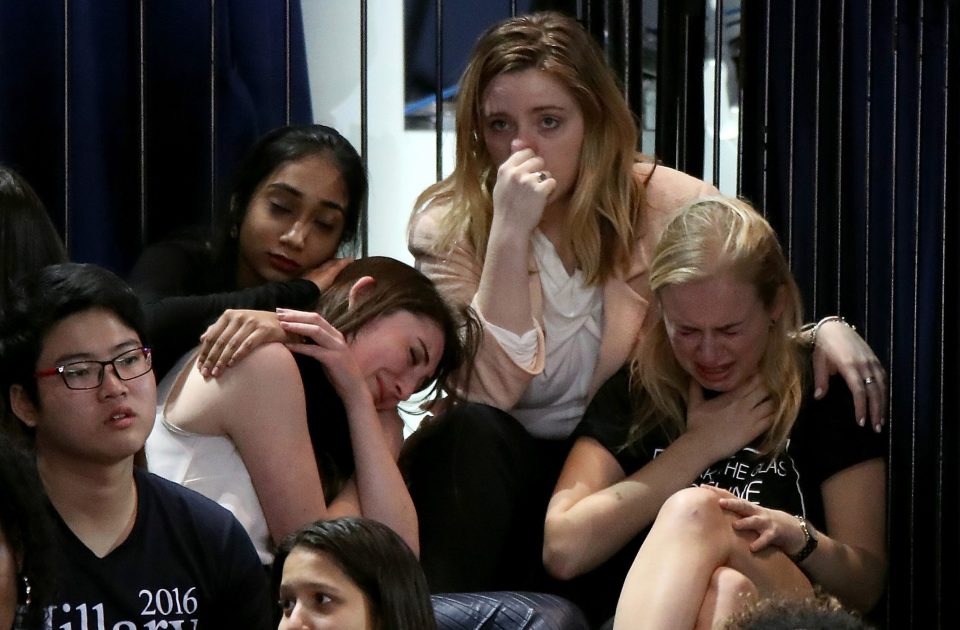  A group of women react as voting results come in at Hillary Clinton's election night party