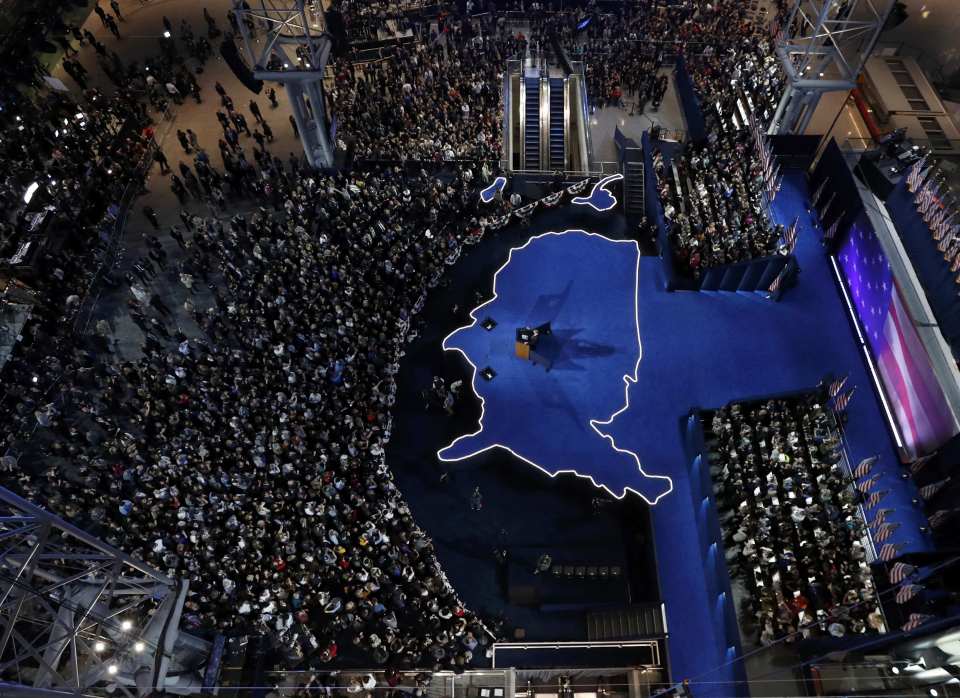  An aerial shot of John Podesta addressing Clinton supporters in New York