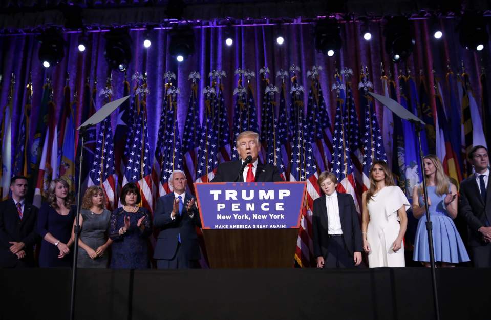  President-elect Donald Trump appeared on stage with running mate Mike Pence, left of the podium, and his family after his shock win