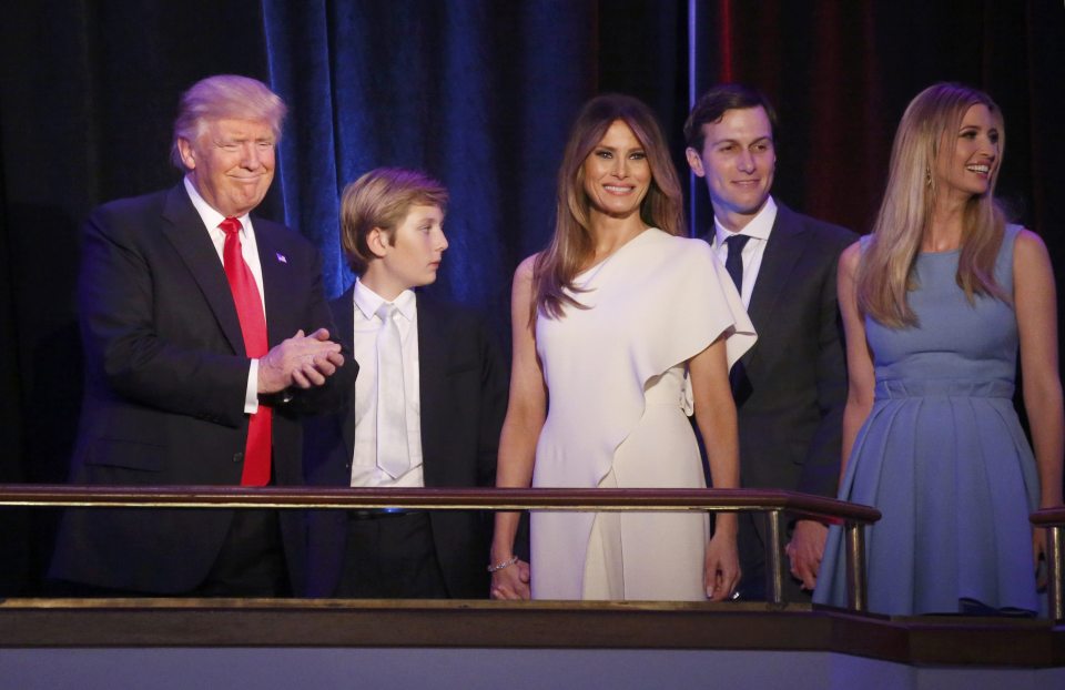  Donald Trump seen with hsi son Barron, wife Melania, son-in-law Jared Kushner and daughter Ivanka Trump at his election night rally in Manhattan, New York