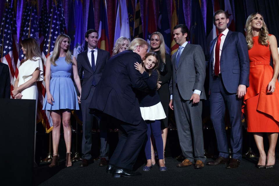  It truly was a family occasion for the Trump clan, with little Arabella Kushner seen giving her presidential grandfather a kiss. Behind her are Trump's son Donald Trump Jr and his wife Vanessa, with Eric and his wife Lara Yunaska on the end