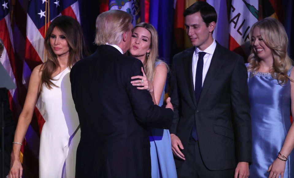  Next it was time for Ivanka to congratulate her father. Her husband Jared Kushner looked on, with Tiffany Trump smiling in the background