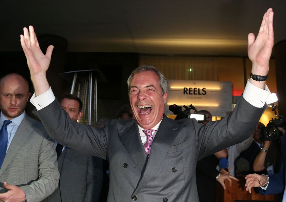  Nigel Farage celebrates winning the EU referendum on June 24